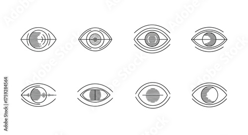 Collection of abstract stylized eye icons with geometric and line art designs for vision concepts vector