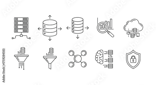 Data storage processing cloud network security and analytics icons representing digital information systems vector
