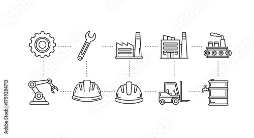 Industrial manufacturing process flow chart with factory icons and equipment for production and industry concepts vector