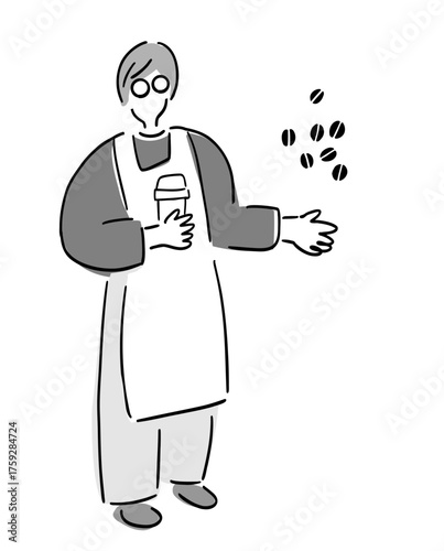 カフェではたらく男性スタッフ_モノトーンVer.手描きイラスト｜Man Working at Cafe
