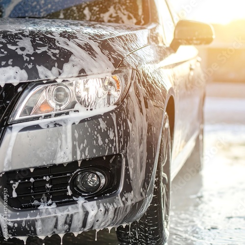 Close-up of a car being washed with soap and water.