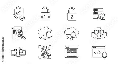 Collection of cybersecurity and data protection icons in a hand-drawn sketch style for digital security concepts vector