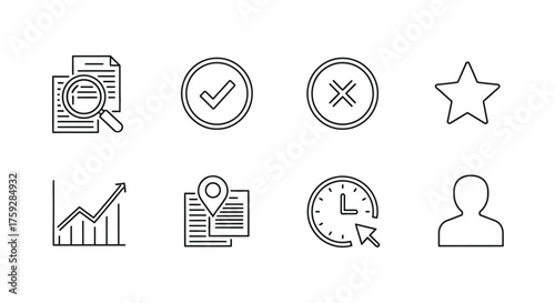 Collection of eight hand-drawn sketch icons representing analytics search success failure favorite and user profile vector