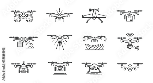 Collection of simple drone icons set different types of aerial vehicles and unmanned aircraft line art vector