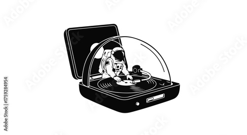 Astronaut DJing on a vintage record player, creating cosmic beats