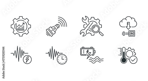 Hand drawn icons representing data analysis cloud computing and system optimization concepts vector