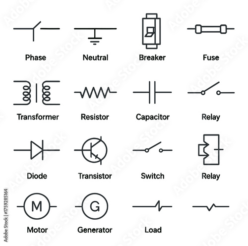 Electrical circuit symbols: phase, neutral, breaker, fuse, transformer, resistor
