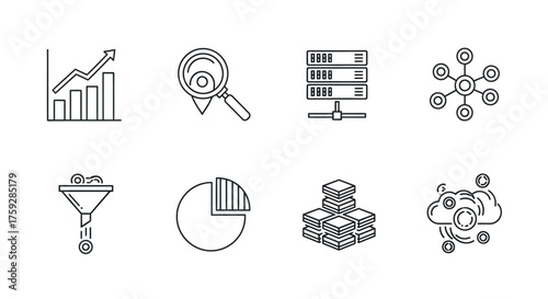 Set of modern business and finance line icons for data analytics and digital technology concepts vector