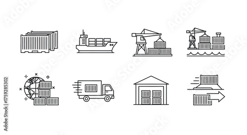 Collection of logistics and shipping icons representing transportation warehousing and delivery services vector