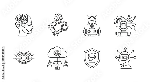 Set of hand drawn icons representing artificial intelligence robotics technology and futuristic concepts vector