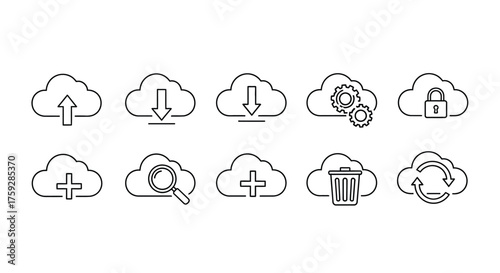 Set of cloud computing icons with upload download search settings lock trash and plus symbols vector