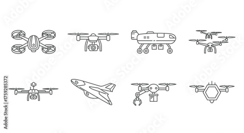Collection of diverse drone aircraft designs line art icons for modern technology concepts vector