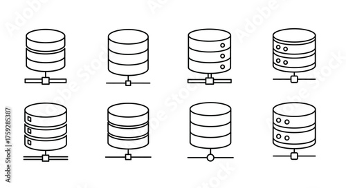 Set of eight stylized database icons showing stacked disks connected to a central point vector