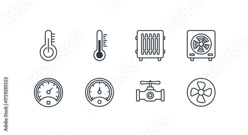 Set of icons representing temperature measurement hvac system components and gauge indicators vector