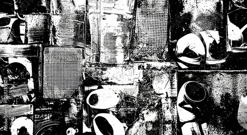 Abstract Monochrome Grunge Collage of Urban Textures and Objects with Gritty Details and Stark Contrasts Creating a Chaotic Visual Symphony