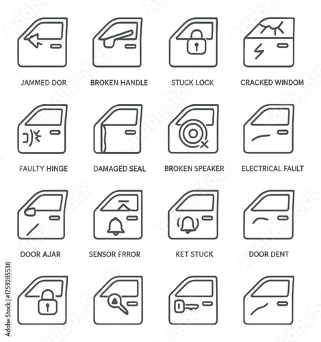 Car door problems with icons - faulty hinge, stuck lock, cracked window, sensor error