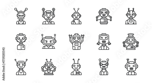 Collection of hand drawn cute robot icons and characters in sketch style for digital applications vector