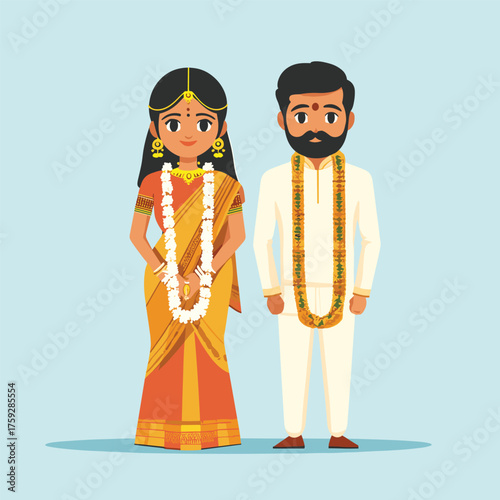 Stylized Illustration of Bride and Groom in Cultural Wedding Dress