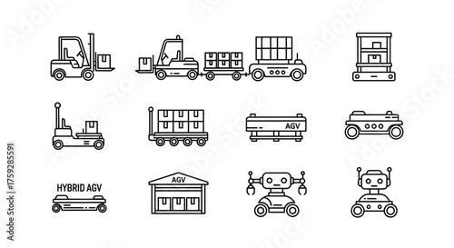 Collection of warehouse logistics and automation icons representing trucks forklifts robots and trains vector