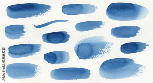 Collection of Abstract Blue Watercolor Brush Strokes and Textures on Textured Paper
