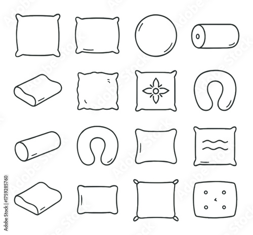 Various pillow shapes and designs on a grayscale background