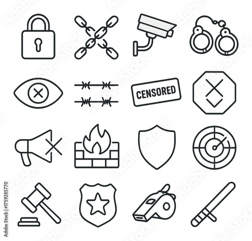 Security and surveillance icons: lock, cctv, handcuffs, shield, gavel, whistle, camera