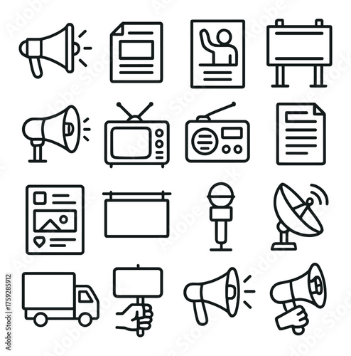 Communication and media icons set featuring megaphone, radio, tv, billboard, microphone, satellite, document