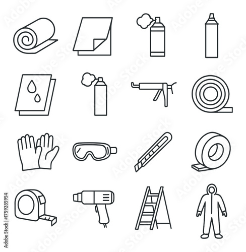 Industrial tools and safety equipment icons on gray background