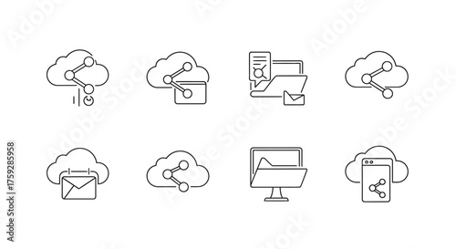 Cloud computing icons representing data storage sharing and connectivity concepts vector