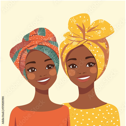 Elegant Family Illustration with Headwraps on Solid Background