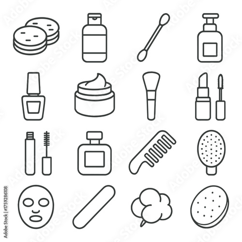 Monochrome cosmetic icon set featuring skincare and makeup essentials