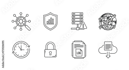 Set of modern abstract line art icons representing data analytics security cloud computing and time management vector