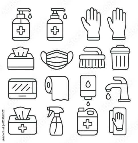 Hygiene essentials icons: soap, gloves, mask, trash bin, tissues, dispenser