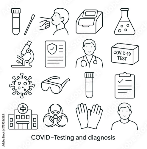 Covid-19 testing and diagnosis icons including doctor, test kits, and laboratory equipment