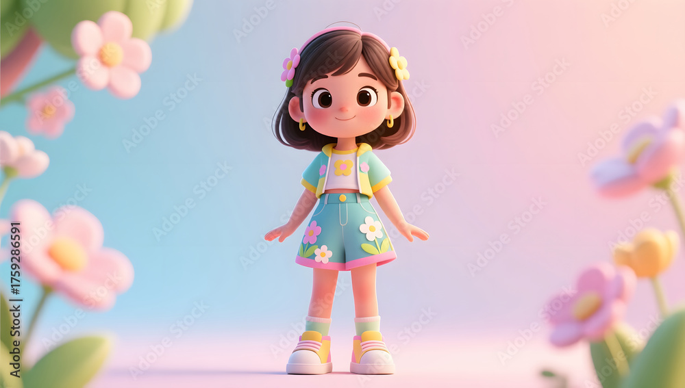 Fototapeta premium Full body cute girl in spring outfit, Children's Day 3D cartoon render