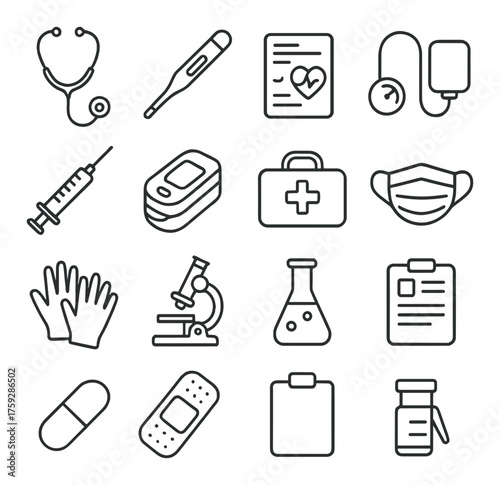 Medical icon set featuring stethoscope, thermometer, and health documents