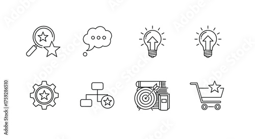 Set of seo and business icons search magnifying glass stars lightbulb cloud shopping cart gears vector