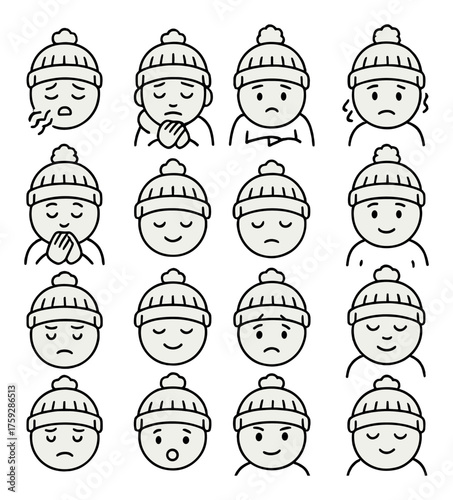 Cartoon characters displaying various emotions with winter beanies