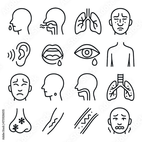 Simple line drawings: facial expressions, human organs, health symptoms