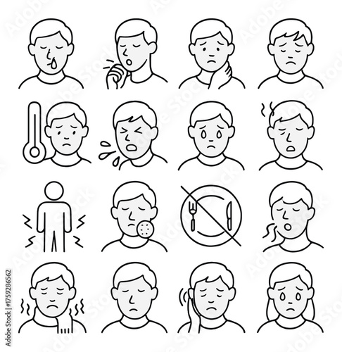 Symptoms and expressions of illness in illustrated caucasian male child