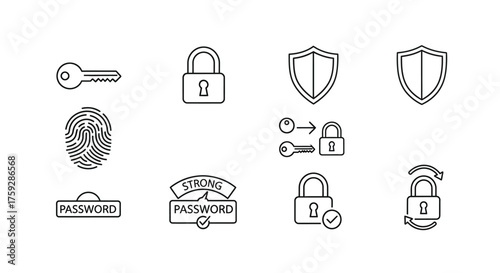 Set of security and protection icons featuring padlocks shields fingerprint and keys vector
