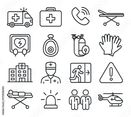 Emergency and medical icons set featuring ambulance, equipment, and personnel