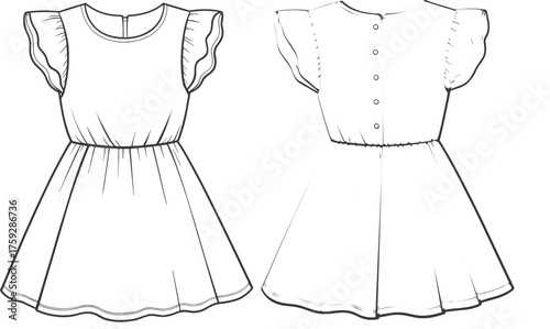 Girls dress fashion flat sketch, flutter sleeve technical illustration, front and back view, garment design, apparel template, vector drawing
