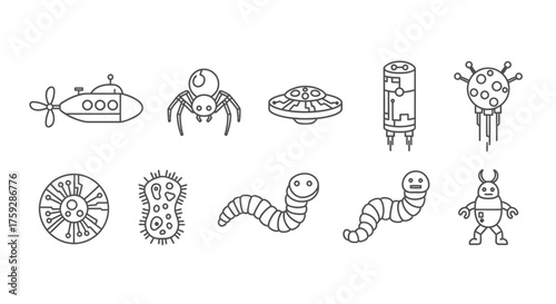 Collection of hand drawn sci fi characters and objects for creative design projects vector