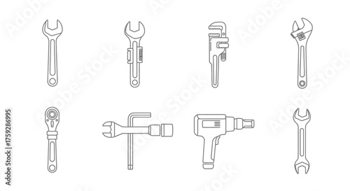 Collection of assorted wrenches and tools hand-drawn sketch style isolated on vector
