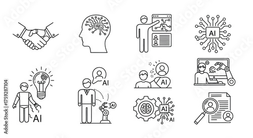 Set of technology and business concept icons representing innovation and collaboration in digital age vector