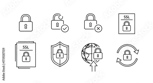 Collection of hand drawn security and privacy icons representing protection data and access control vector
