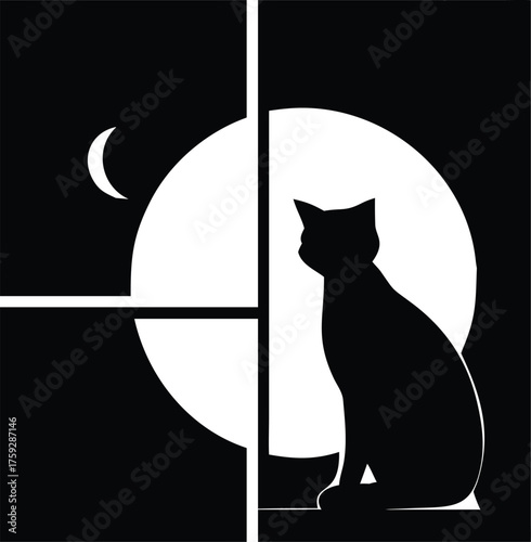 Silhouette of a black cat sitting on a windowsill looking at the moon