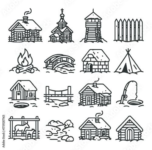 Rustic winter village icons featuring cabins, church, tower, fence, bridge, teepee, firepit