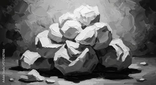 A pile of crumpled paper balls stacked in a shadowy still life artistic painting with dramatic lighting and a rough texture